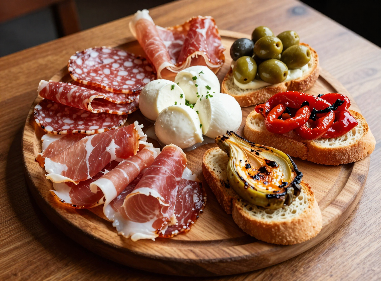 Italian antipasti platter with prosciutto, salami, olives, marinated mozzarella and bruschetta on a wooden board