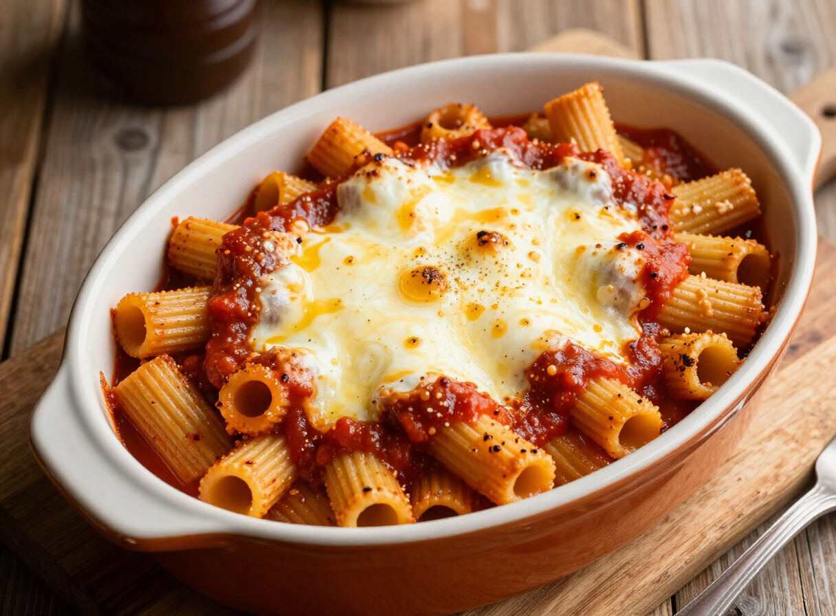 Baked ziti with melted mozzarella and marinara sauce in a ceramic dish