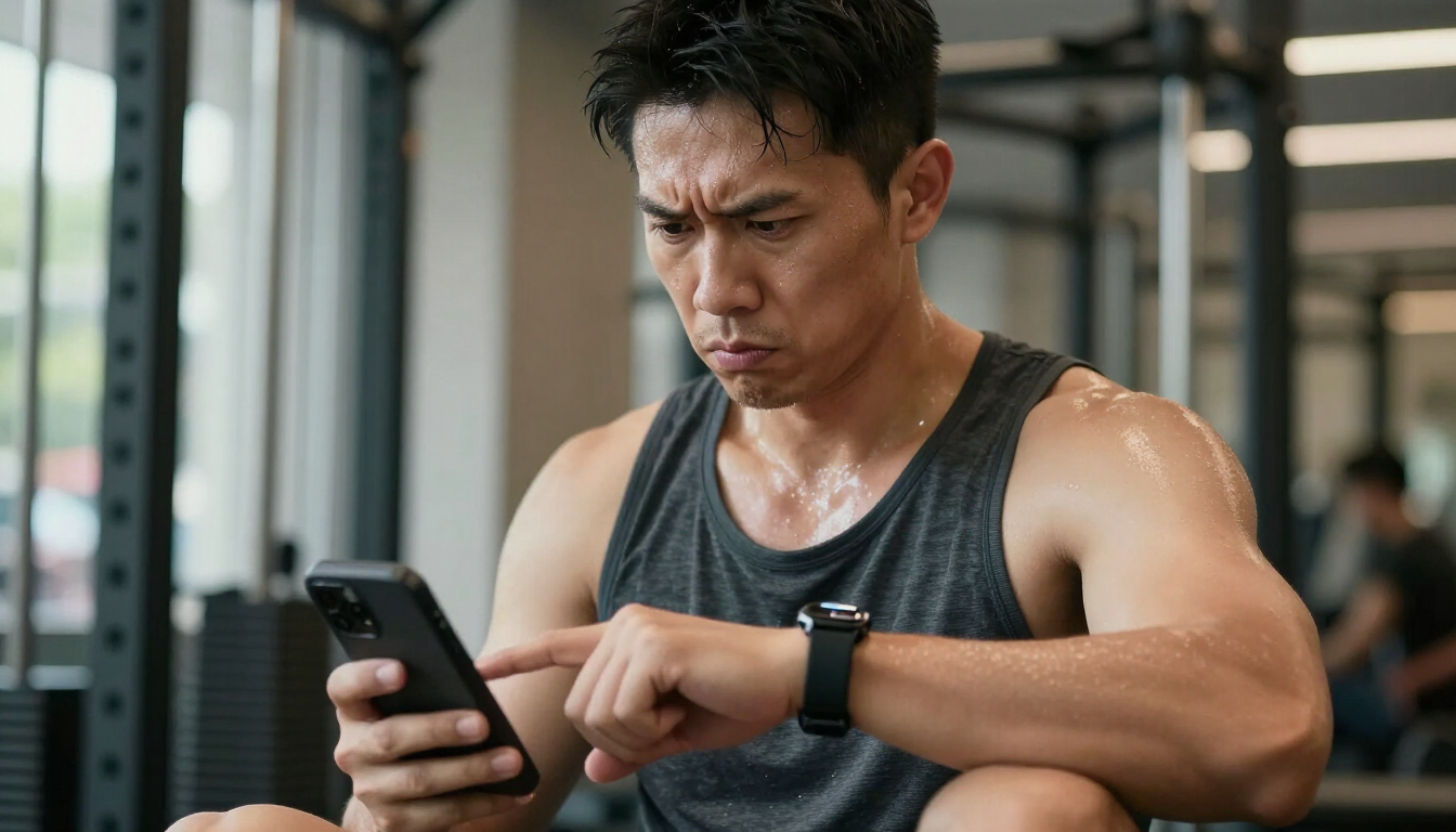 A gym-goer looks confused while comparing a smartwatch on one wrist with a calorie estimate on a phone.