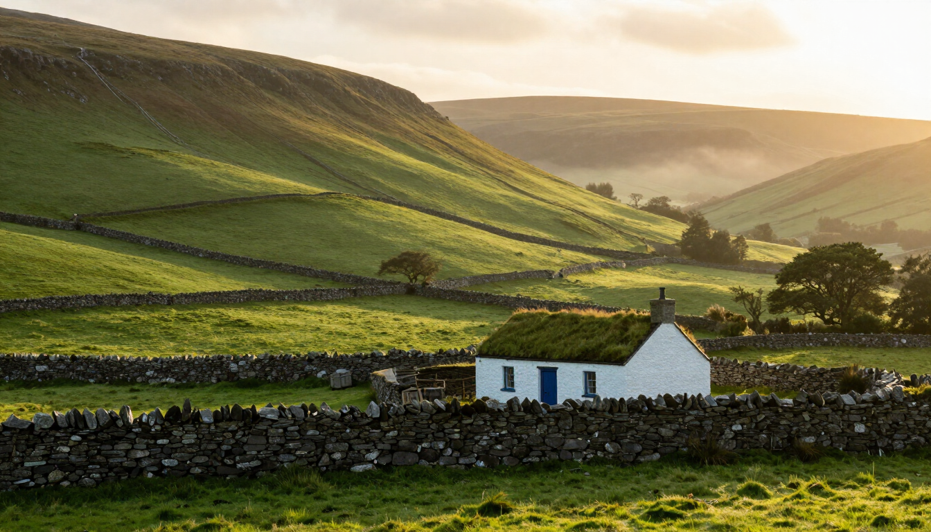 Rolling green hills of the Irish countryside with a stone cottage at golden hour