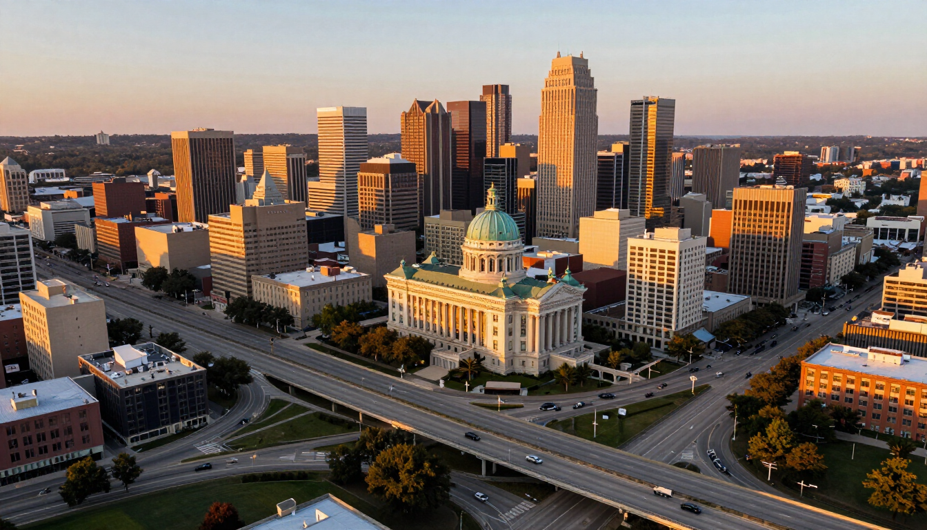 Aerial view of Kansas City, Missouri at golden hour