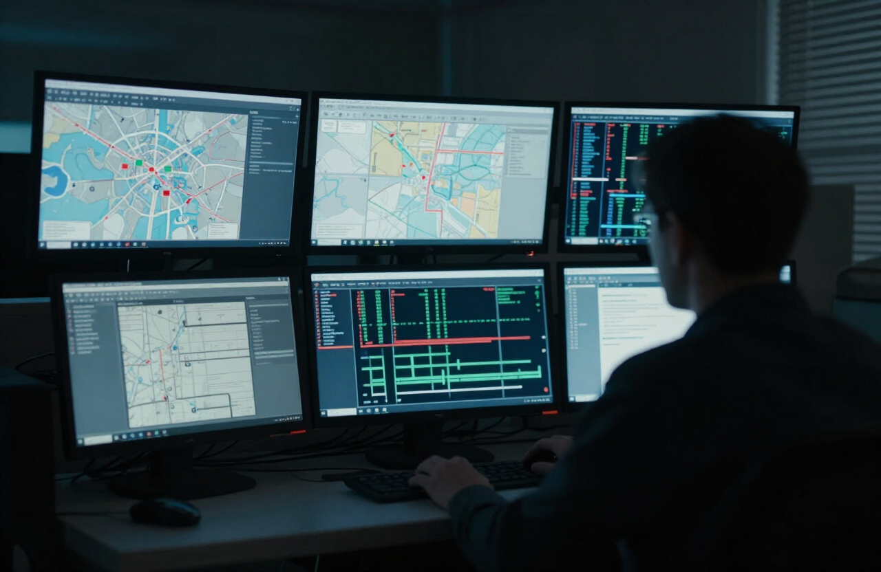 Analyst at a cyber forensics workstation with glowing monitors in a dark room