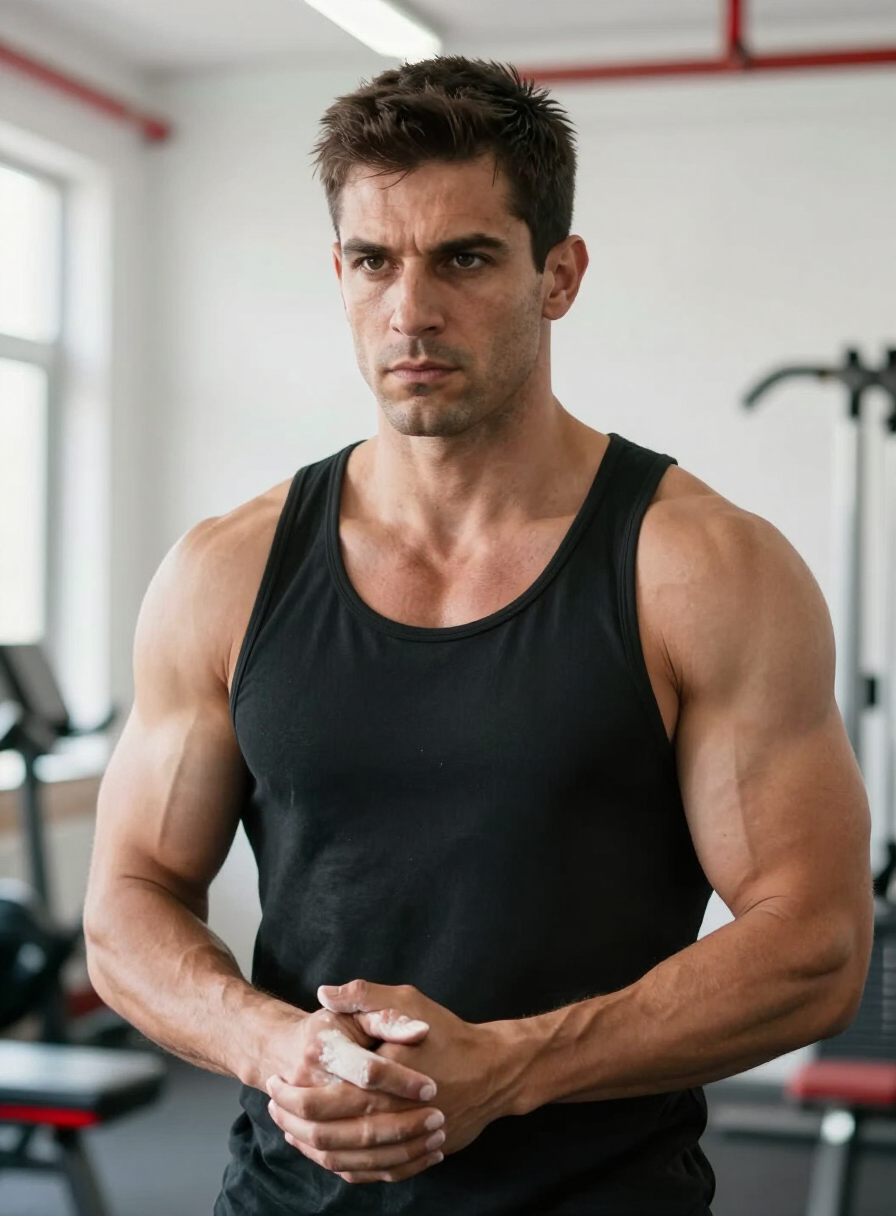 Bodybuilder chalking up before a session