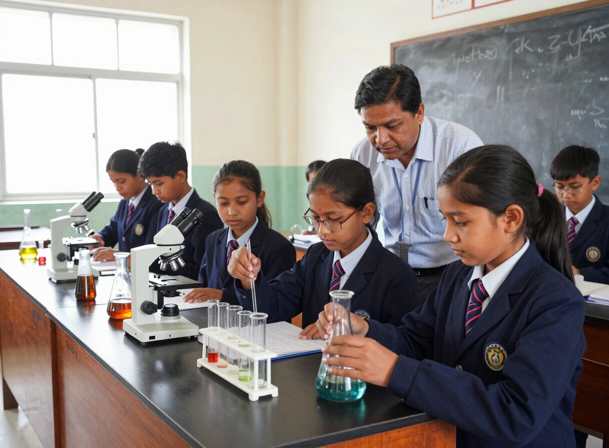 Secondary students conducting a chemistry experiment in the school science laboratory