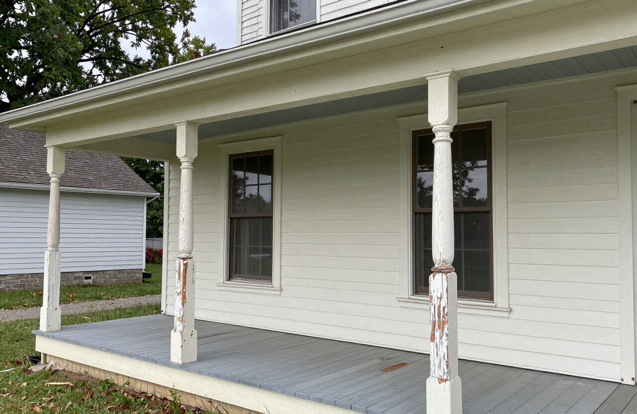 Rutherford NJ Craftsman porch before painting with weathered wood columns