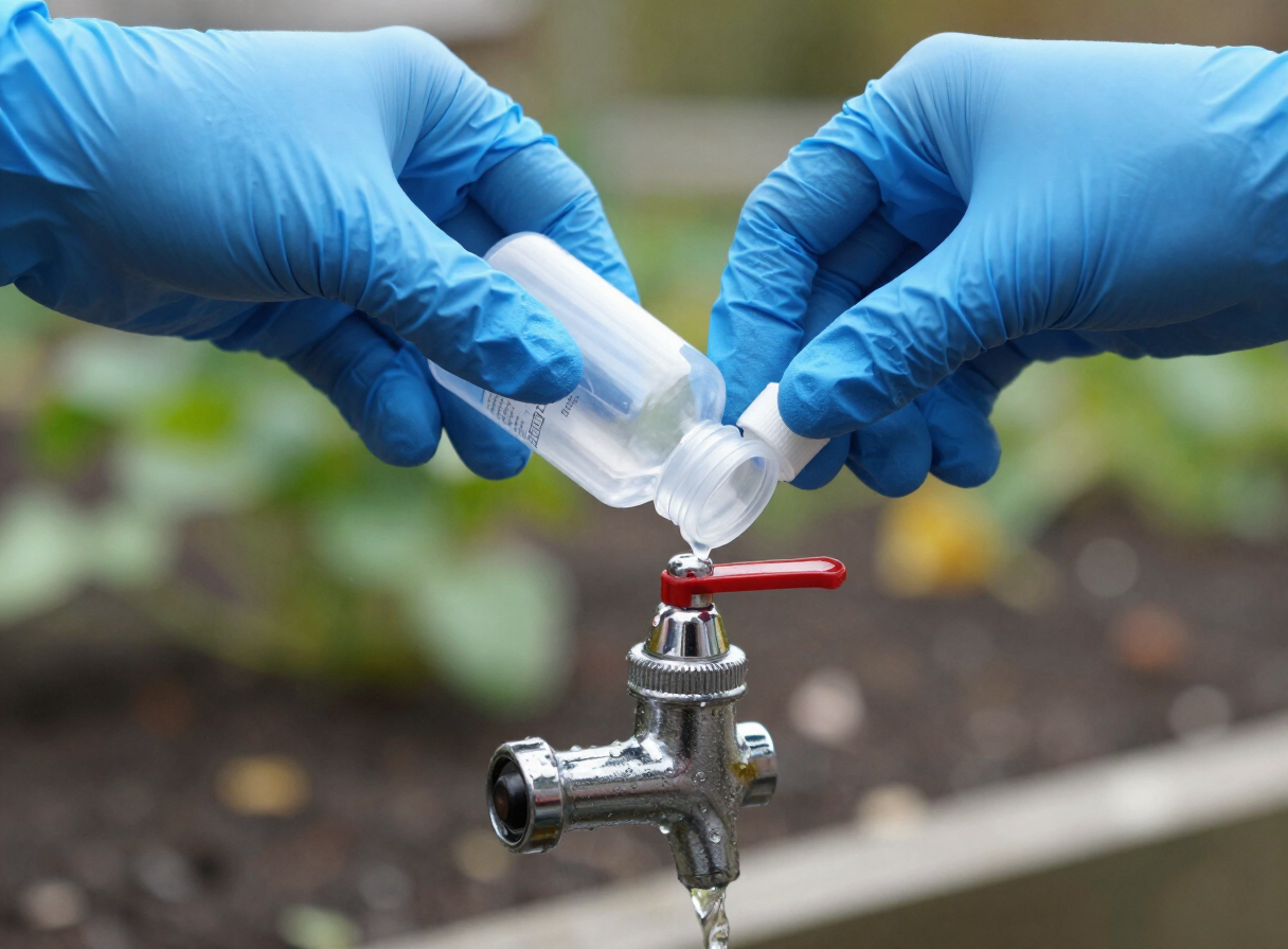 Gloved hands filling a sterile sample bottle from an outdoor spigot
