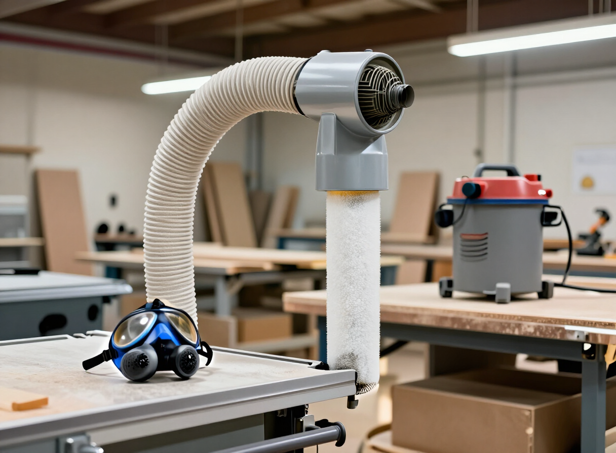 A dust extraction system hose connected to a table saw dust port in a woodworking workshop, with a portable dust collector and clean air, a respirator resting on the workbench
