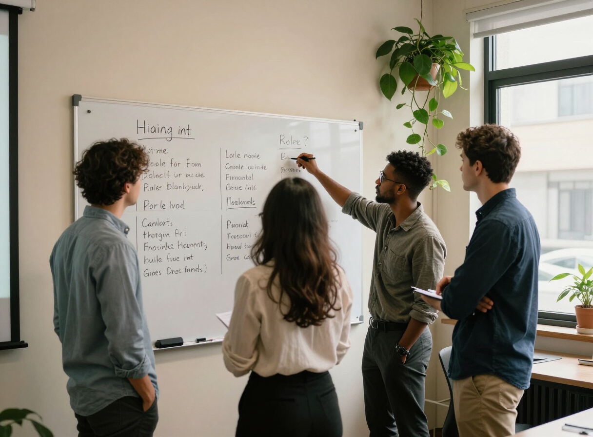 A small hiring team reviewing handwritten role notes on a whiteboard