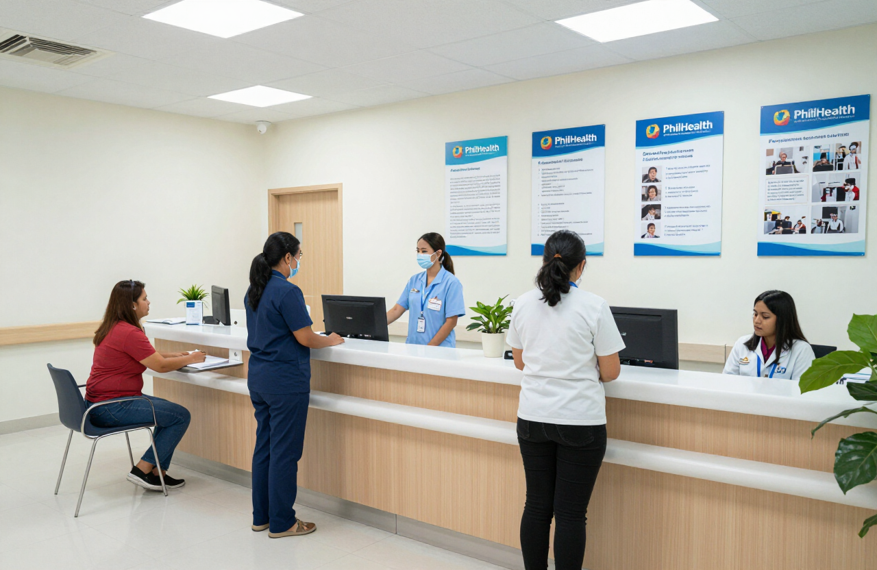 Patients at a PhilHealth assistance desk in a public hospital. The expanded outpatient package takes effect October 1.