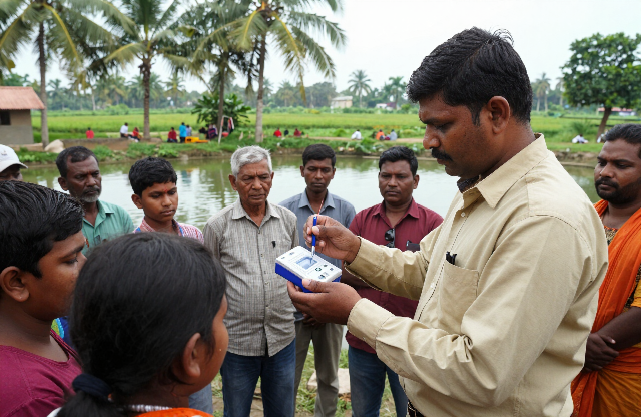 CEMPD researcher demonstrating water quality testing to villagers beside a pond in rural West Bengal