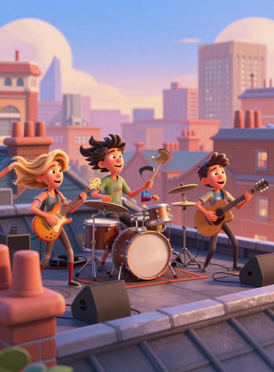 Cartoon musicians playing a rooftop concert at golden hour