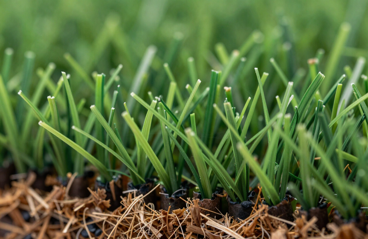 Macro detail of dense premium artificial grass fibres with thatch layer
