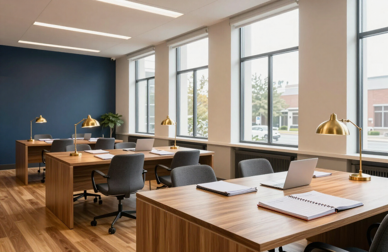 The Carolina Accounting Group office in Greenville, South Carolina — warm light, wooden desks, and ledgers
