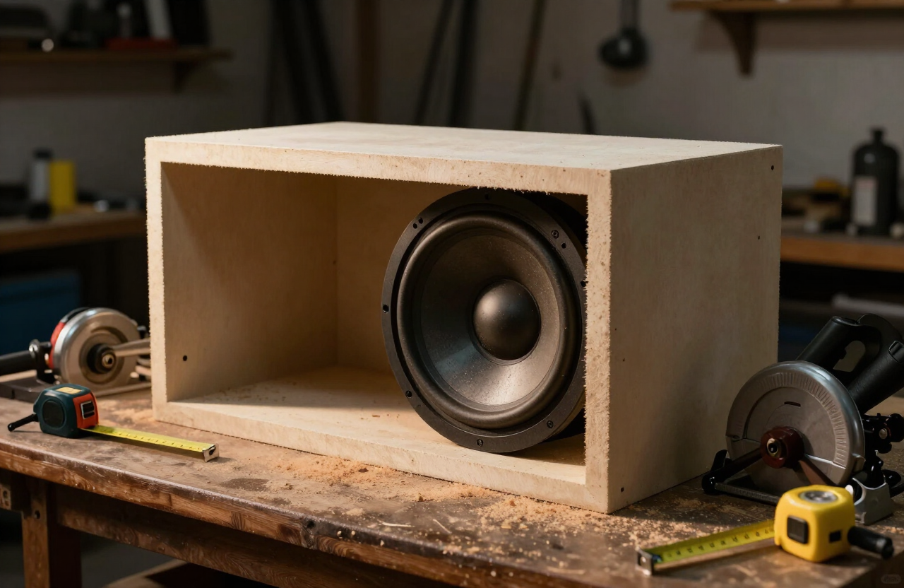Freshly cut MDF subwoofer enclosure panels and a 12-inch driver on a workshop bench