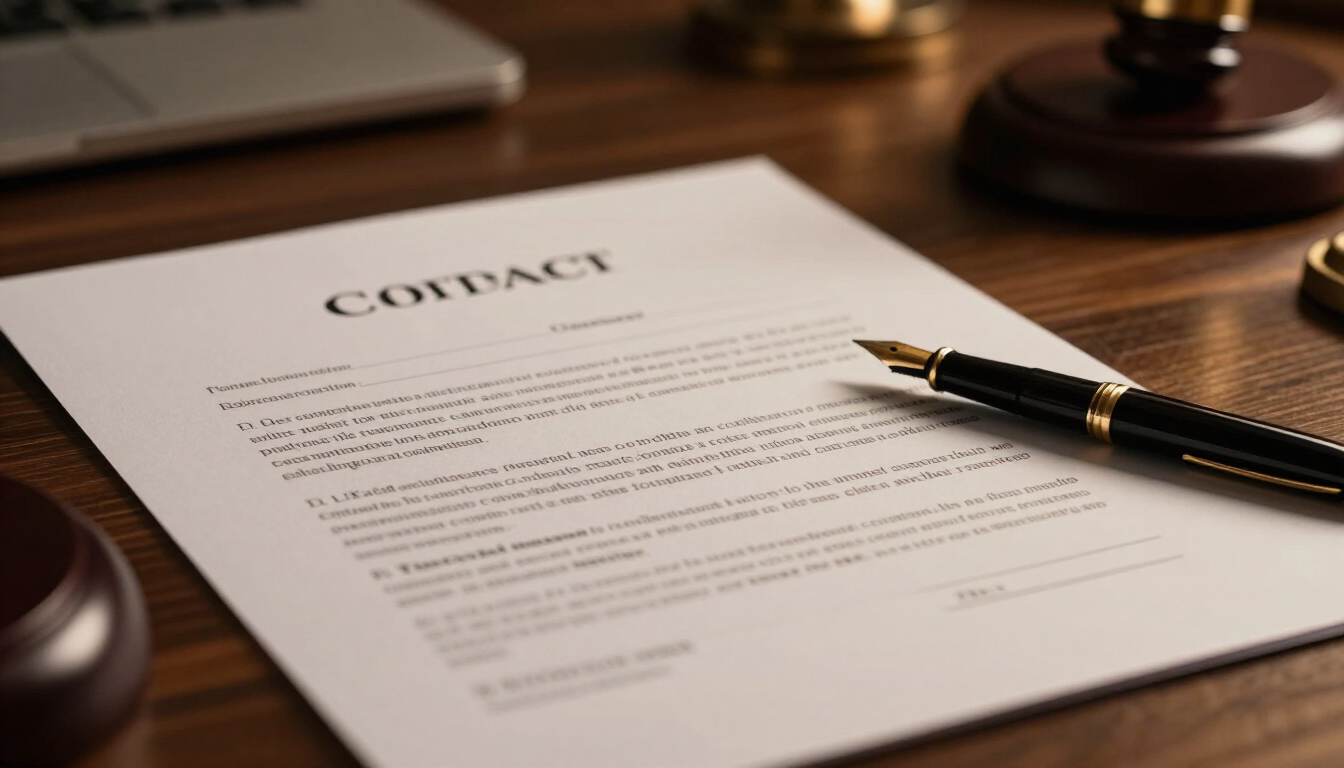 Contrato imobiliário sobre mesa de escritório representando a análise de cláusulas e a segurança jurídica das partes.