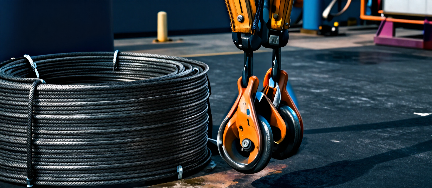 Steel wire ropes and rigging hardware coiled on a dock