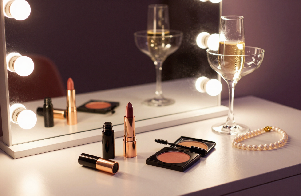 Makeup vanity with lit bulbs, rose-gold lipstick, champagne coupe and pearls