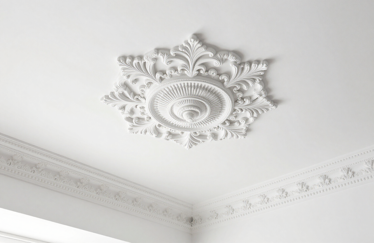 Illustrative ornate plaster ceiling medallion and detailed crown molding inside a luxury Englewood NJ home