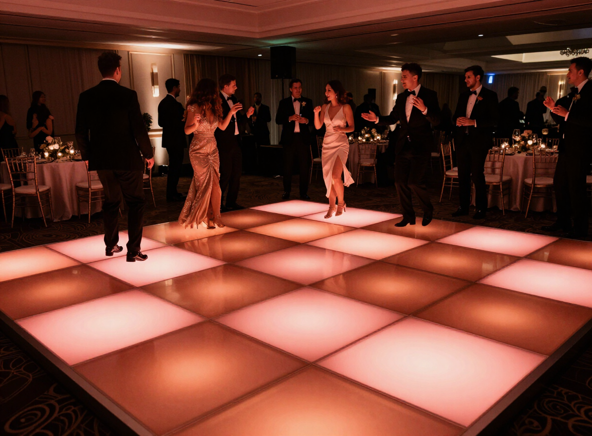 Glowing LED dancefloor with illuminated panels at a wedding reception