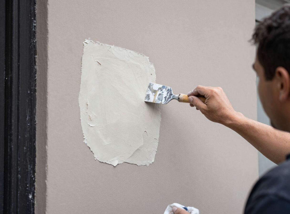 Plaster patching in progress on a brownstone wall in Hoboken NJ