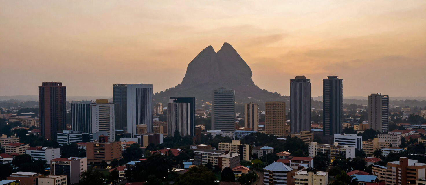 Abuja skyline at dusk with Aso Rock in the distance