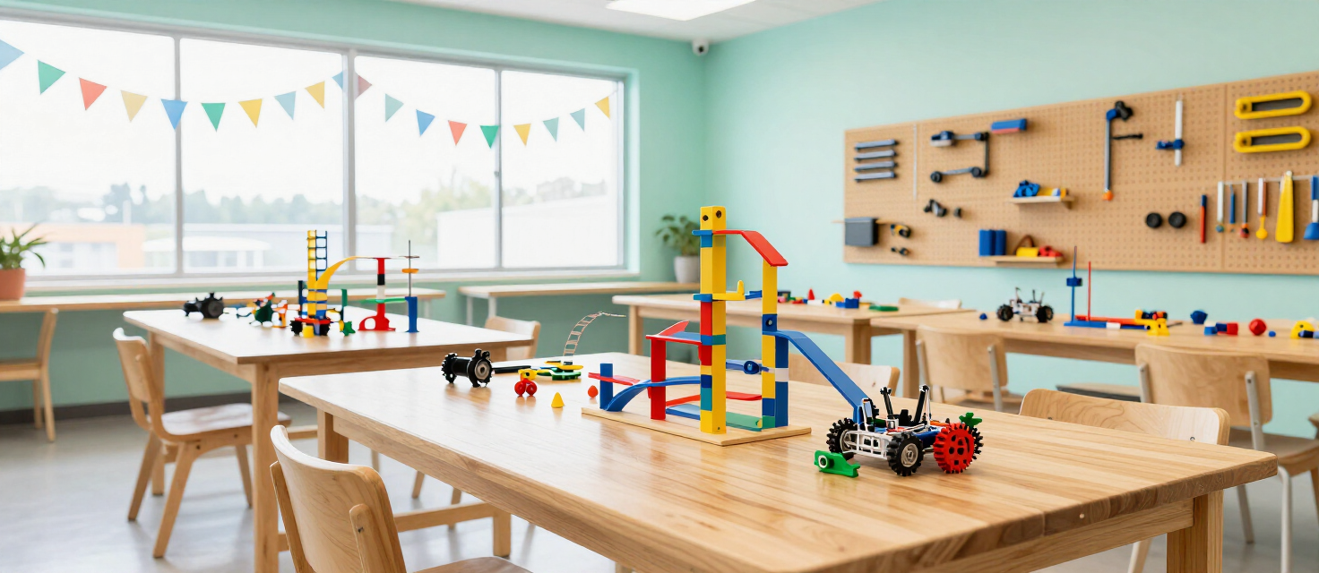 A bright kids engineering workshop with robotics kits, ramps and a pegboard of tools