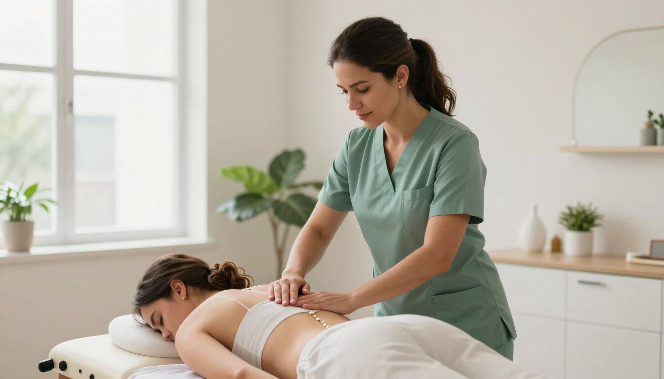 Profissional de quiropraxia realizando mobilização suave da coluna em paciente, em clínica clara e acolhedora