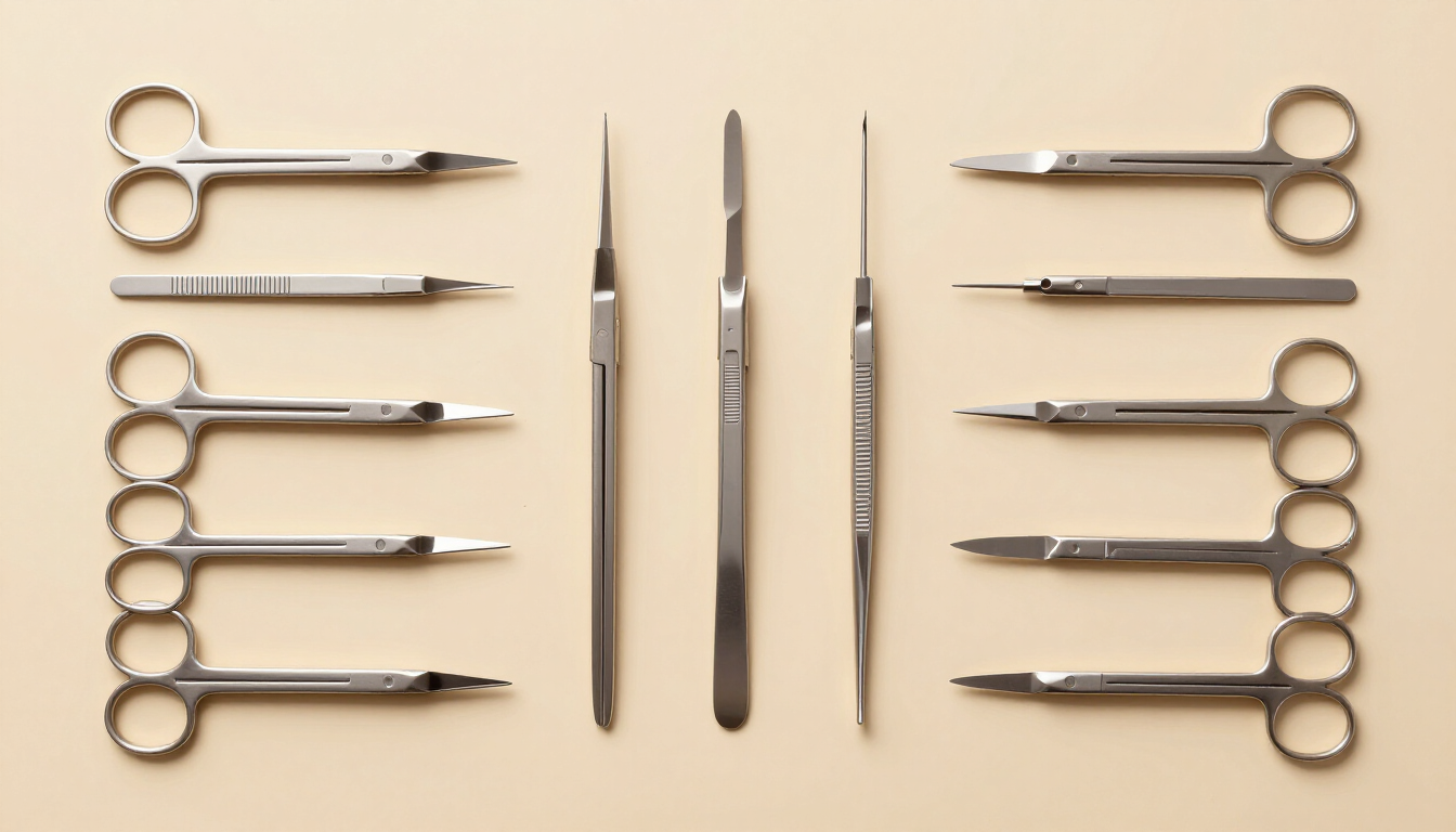 Medical and surgical equipment arranged on a clean background