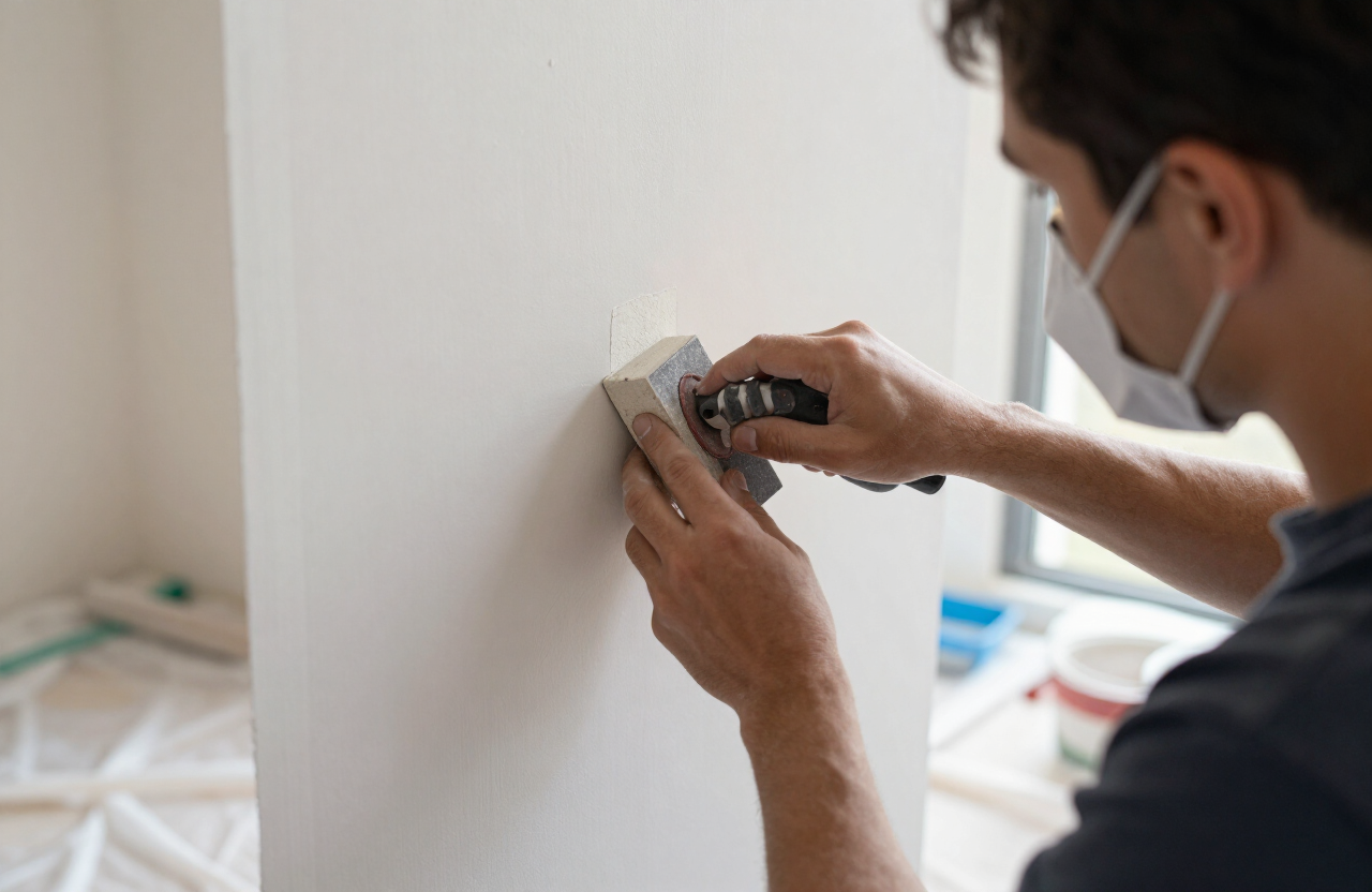 Professional painter performing drywall repair and surface sanding preparation