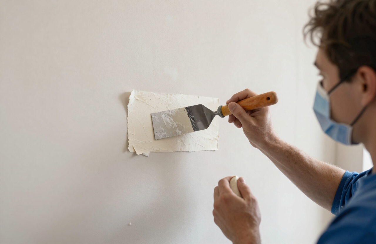 Illustrative drywall hole patching scene in a Moonachie NJ apartment with a painter smoothing joint compound over a repair patch