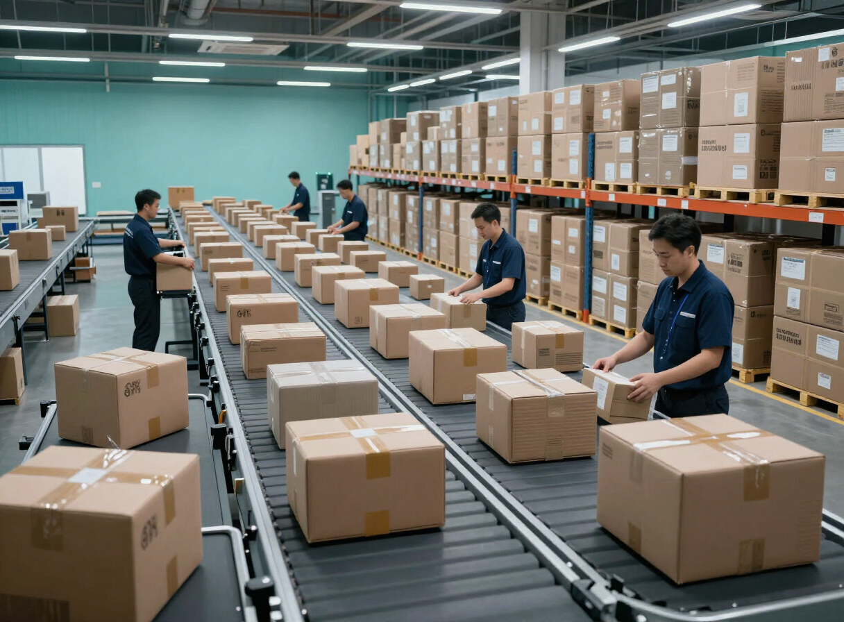 A modern logistics warehouse with parcels on conveyor belts