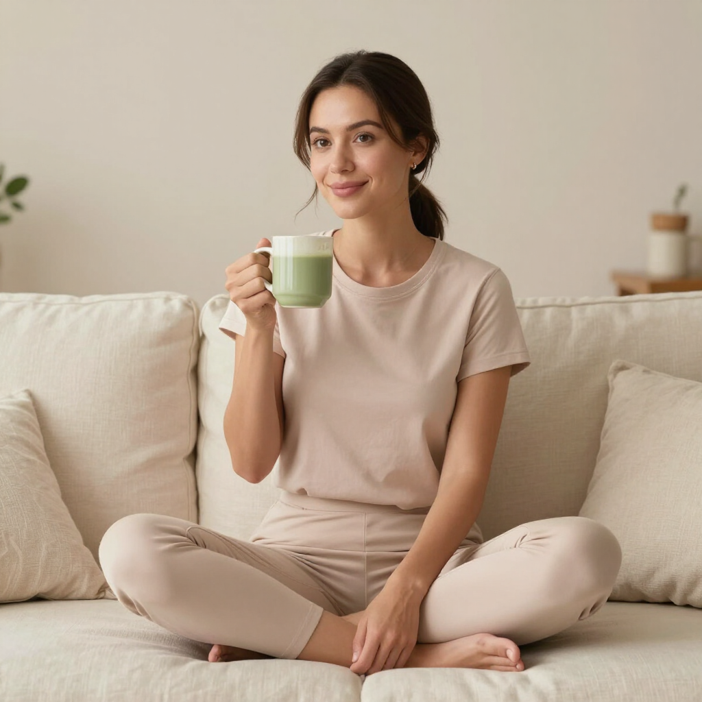 Maya Bennett relaxing in a cozy cream home setting with a matcha mug