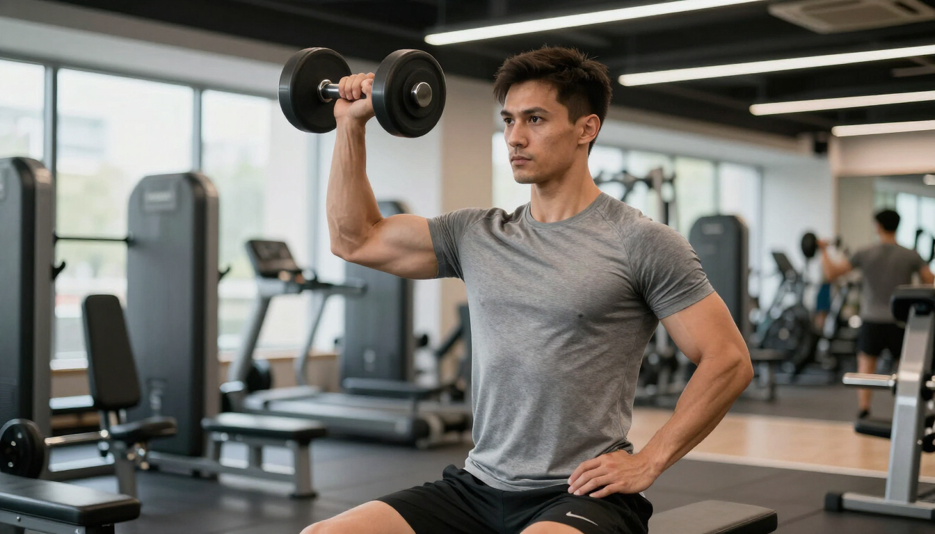 A man performing a controlled dumbbell biceps curl at a modern gym.