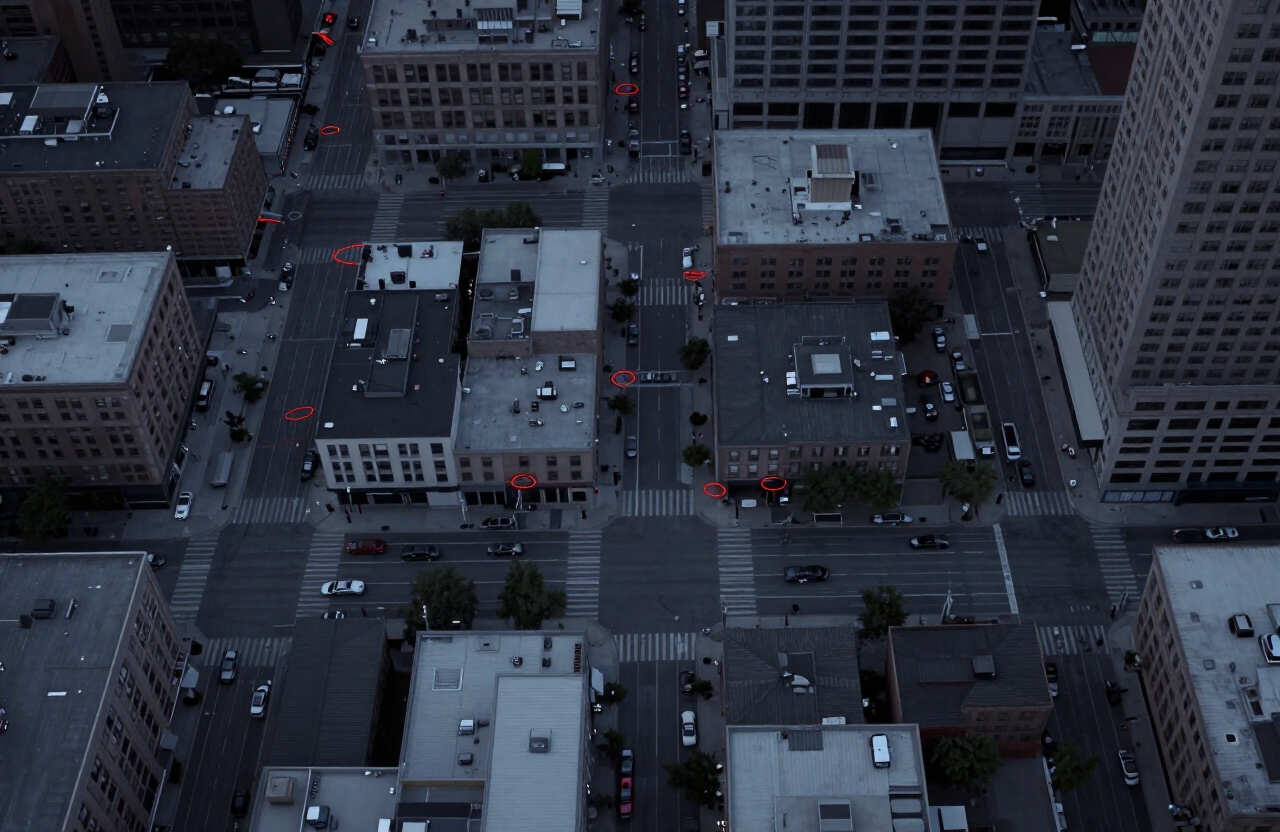 Aerial view of an American city grid at dusk with red annotation markers