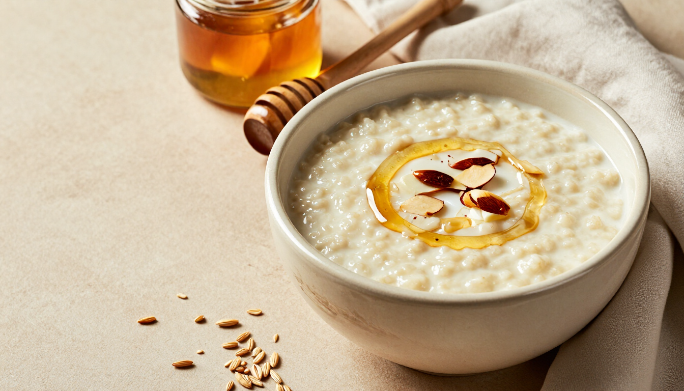 Creamy Talbina with honey, almonds and barley on a breakfast table