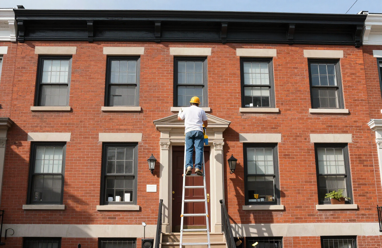 Illustrative exterior painter on a ladder painting the facade of a Hoboken multi-family brick row house