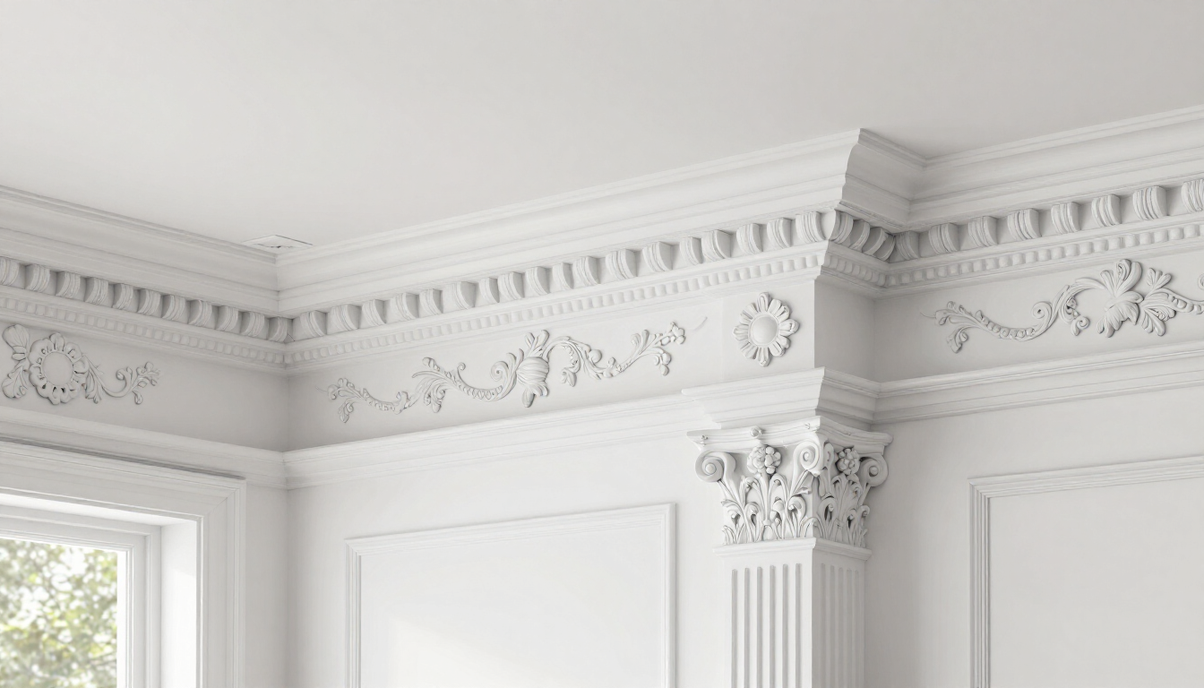 Illustrative ornate crown molding, rosettes, and detailed wood millwork inside a historic Englewood NJ home