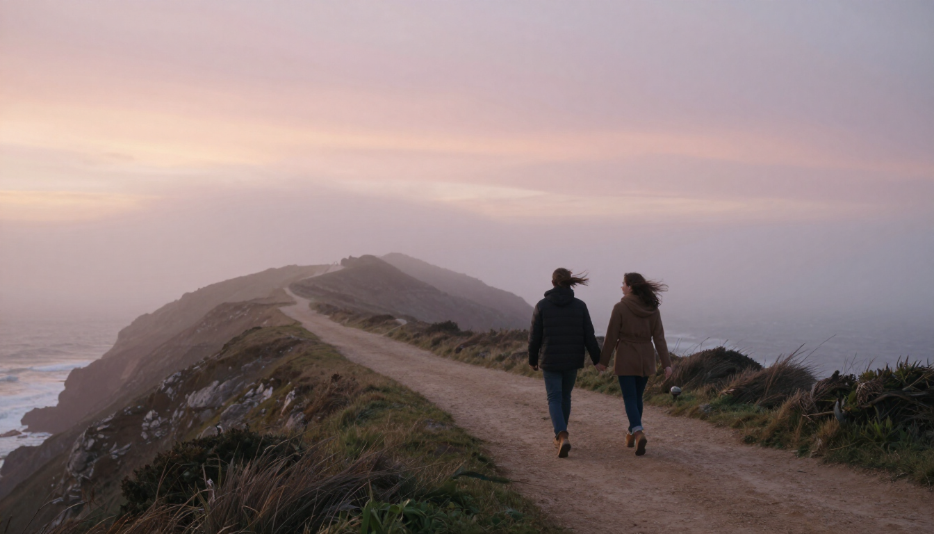 A couple walking hand in hand along a misty coastal cliff path at sunrise