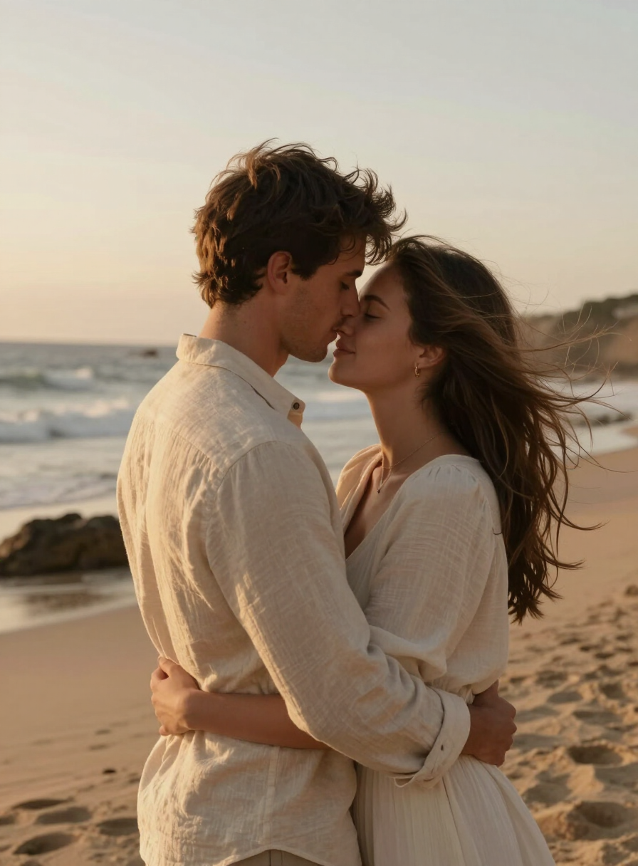 A couple embracing on a windswept beach