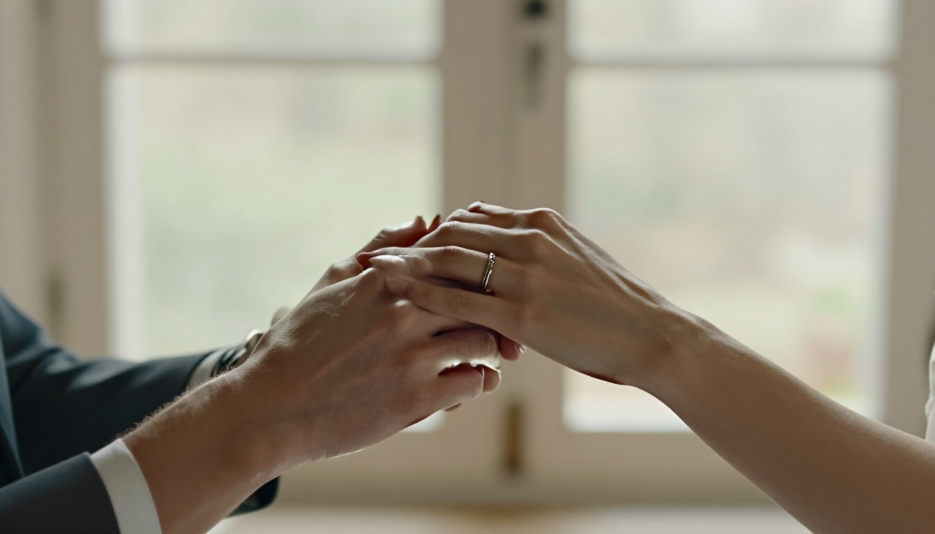 Close-up of two pairs of hands intertwined with wedding rings