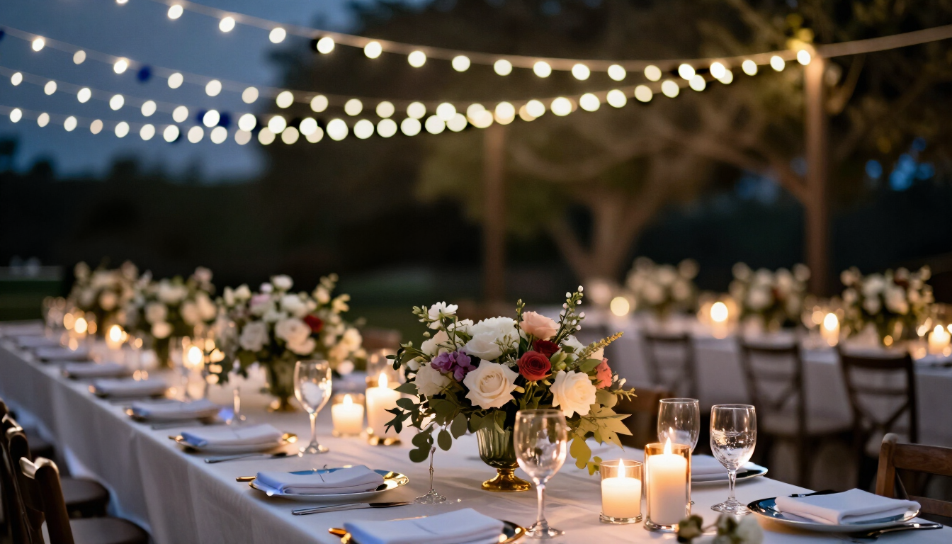An outdoor wedding reception table under string lights at dusk