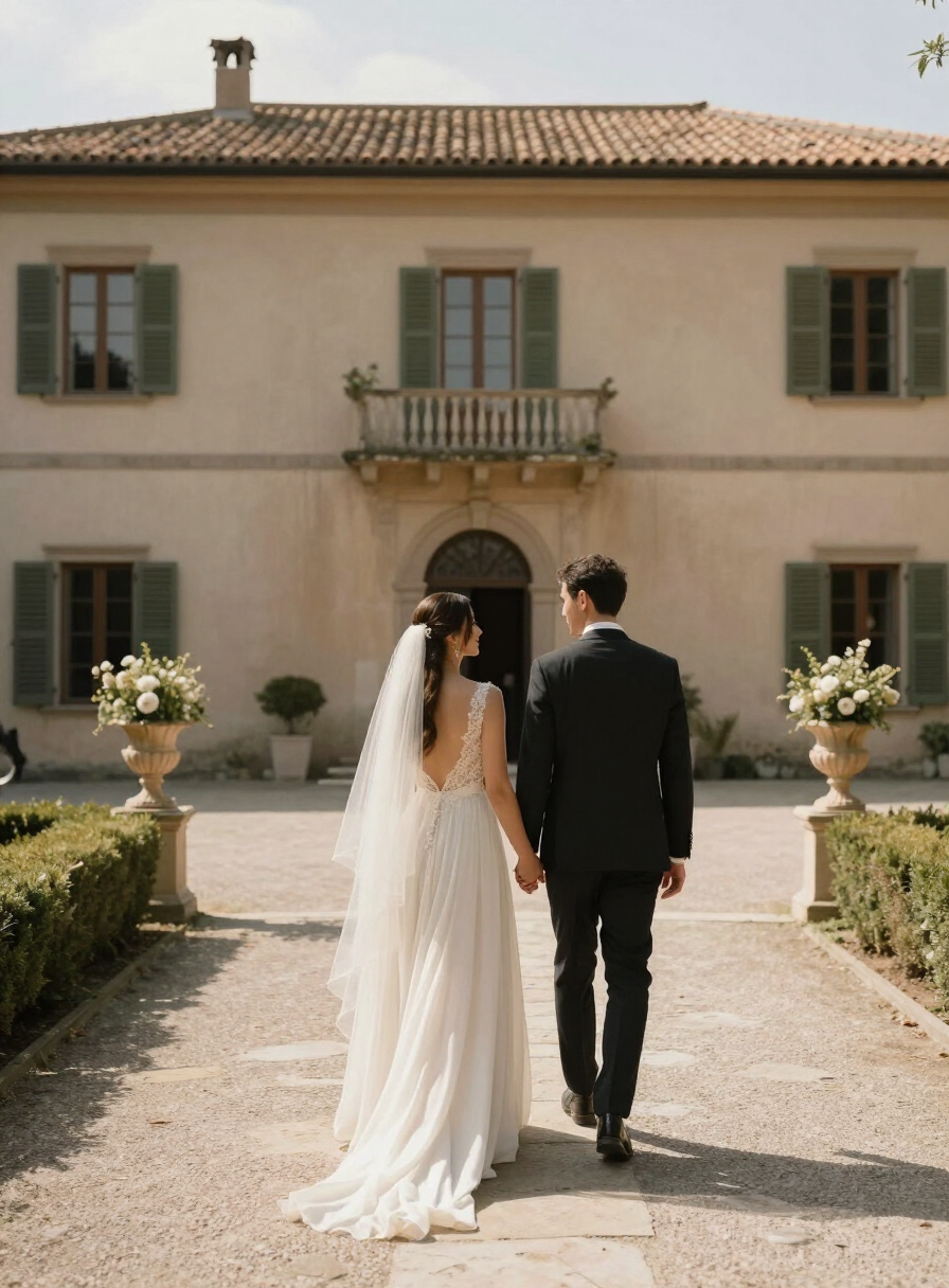 A newly married couple walking through an Italian villa