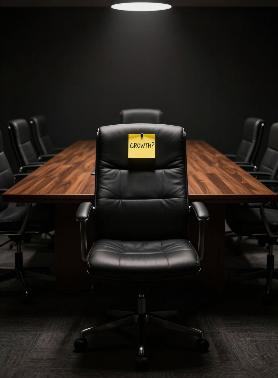 An empty executive chair with a yellow note reading Growth — Seat taken.