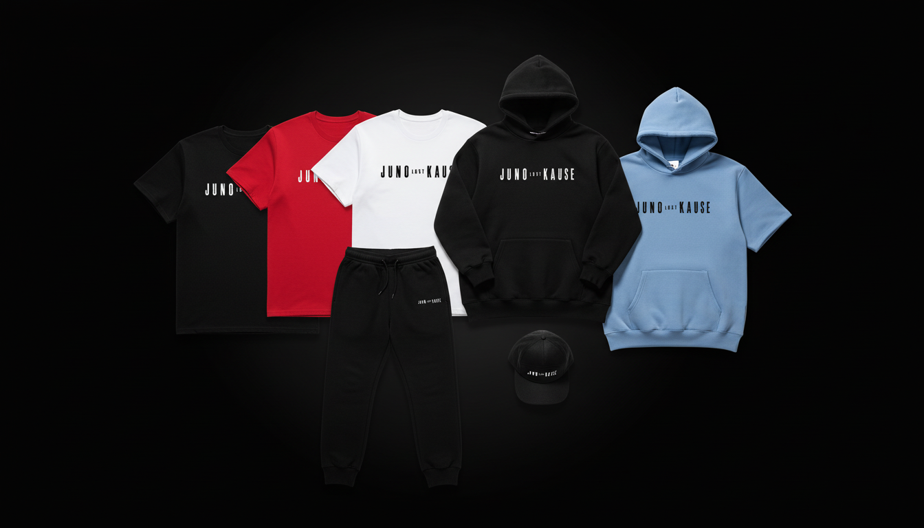 Juno Lost Kause apparel collection — tees, hoodies, joggers and snapbacks in black, white, red and baby blue