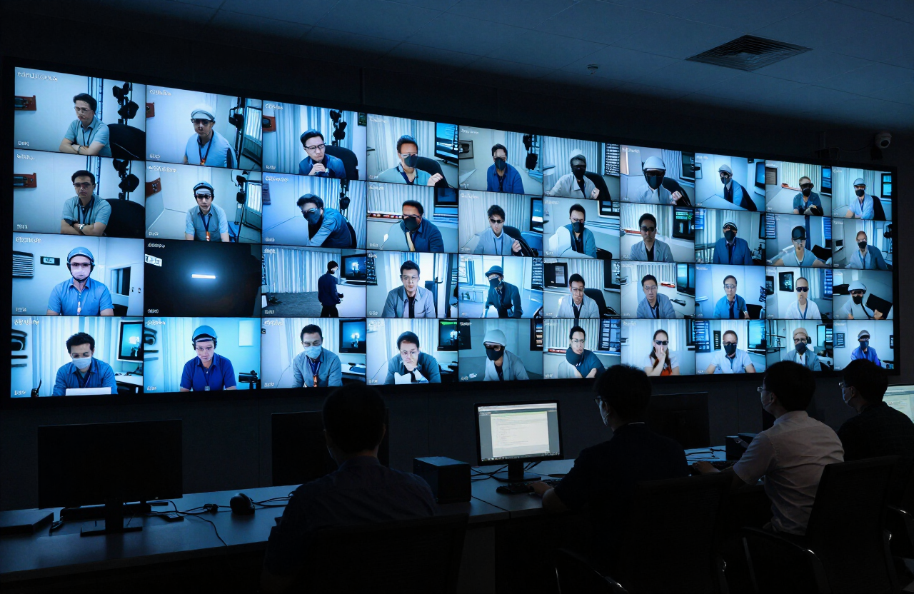 Security control room with a wall of CCTV monitoring screens in a Malaysian office