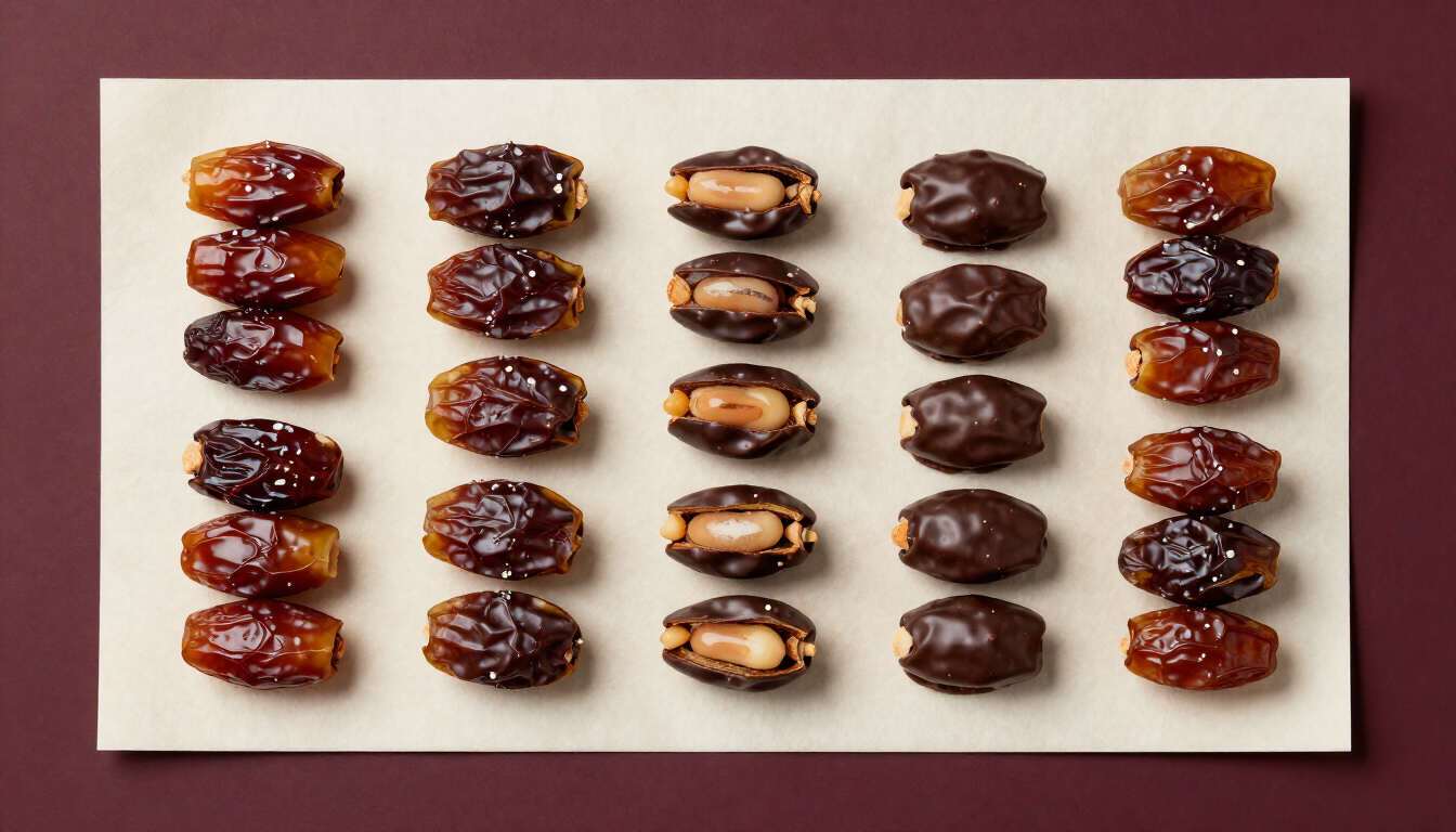 Assortiment de dattes gourmandes, dattes fourrées et créations chocolatées disposées sur parchemin ivoire