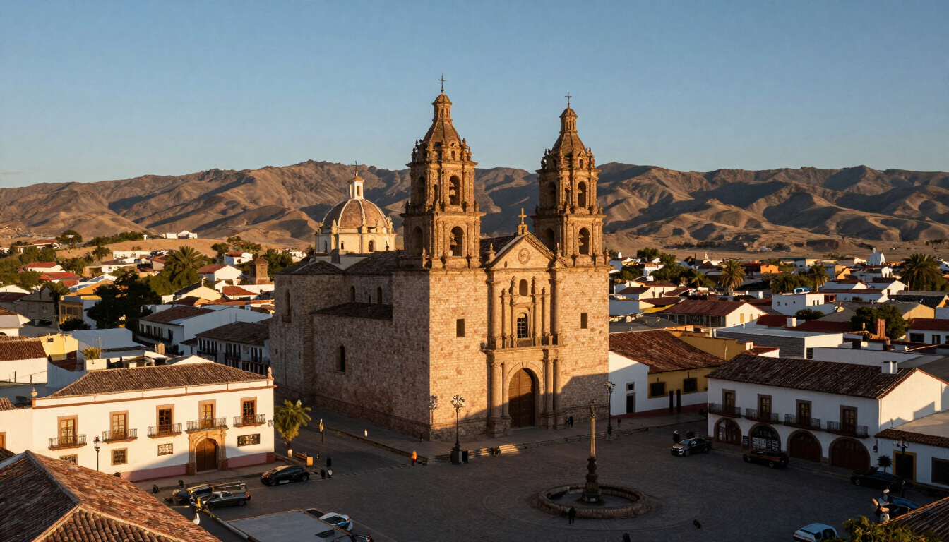 Plaza principal de Lampazos de Naranjo al atardecer