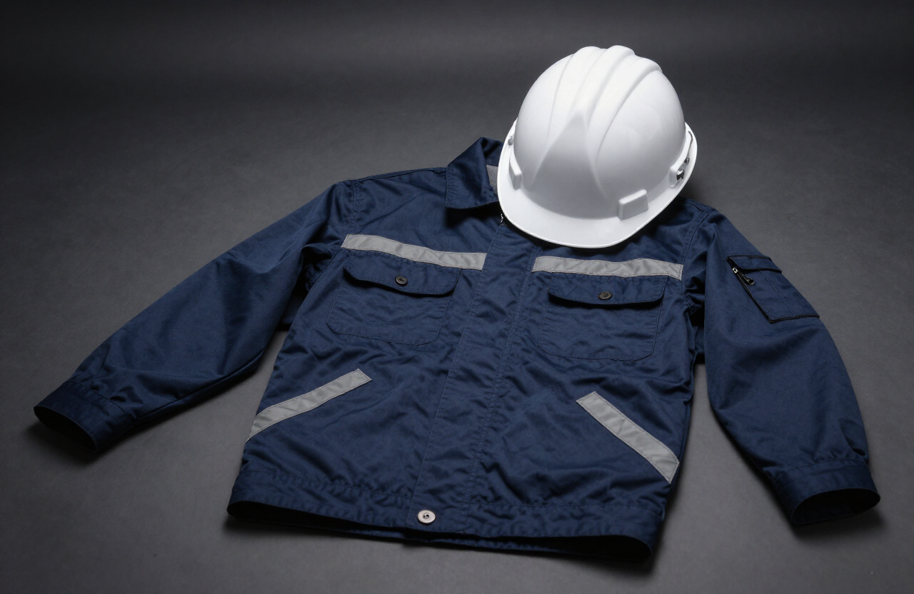 Uniforme industrial azul con casco de seguridad blanco sobre fondo oscuro