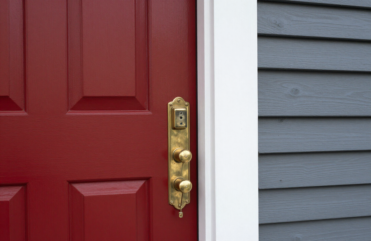 Freshly painted deep red front door with crisp white trim on a Hasbrouck Heights NJ Cape Cod