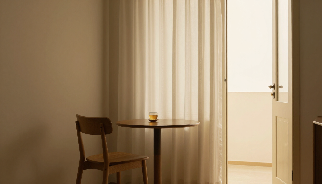 Una silla de madera vacía junto a una mesa pequeña con una taza de té, cerca de una ventana con cortinas traslúcidas y luz cálida, en una habitación minimalista y silenciosa